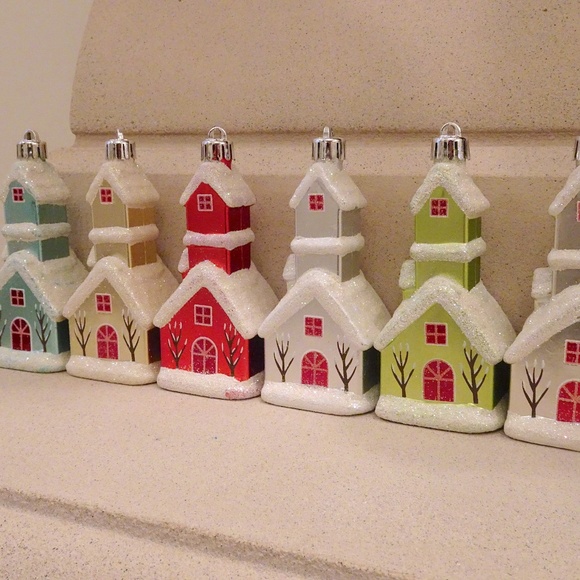 Sparkly Snow Christmas Cottage Glass Ornaments Winter Wonderland - Set of 6 - Picture 5 of 6